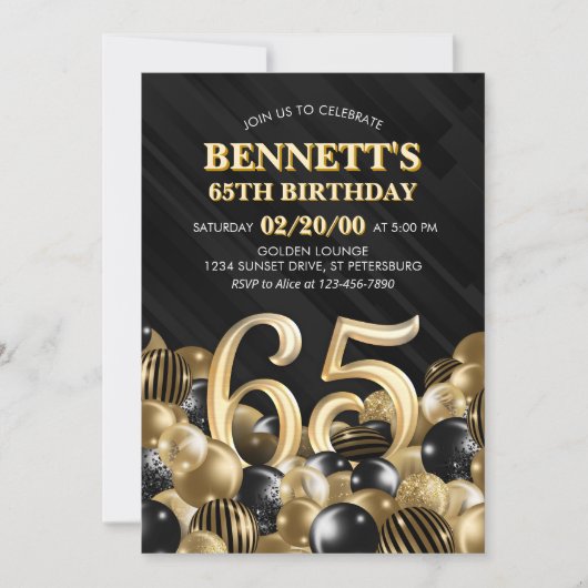 Balloons Black Gold 65. Geburtstag Einladung (Vorderseite)