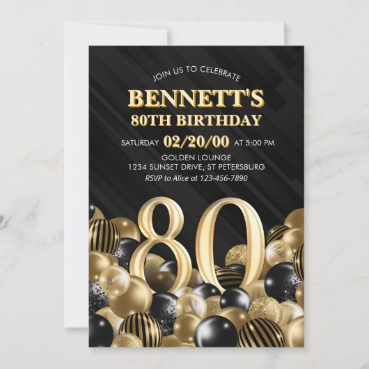 Balloons Black Gold 80. Geburtstag Einladung (Vorderseite)