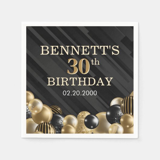 Balloons Black Gold Geburtstag Serviette (Vorderseite)