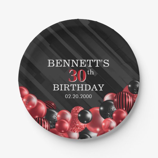 Balloons Black Red Birthday Pappteller (Vorderseite)
