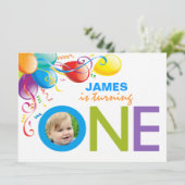 Balloons Boy First Birthday Party | Foto Einladung (Stehend Vorderseite)