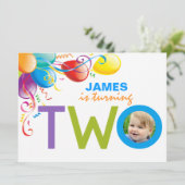 Balloons Boy Two Birthday Party | Foto Einladung (Stehend Vorderseite)