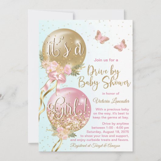 Balloons Butterflies Covid Drive by Baby Dusche Einladung (Vorderseite)