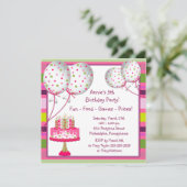 Balloons Cake Girls 4. Geburtstags-Party Einladung (Stehend Vorderseite)