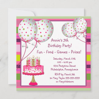 Balloons Cake Girls 4. Geburtstags-Party Einladung