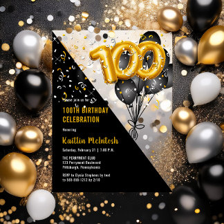 Balloons Elegant Black | Gold 100. Geburtstagspart Acryleinladungen