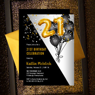 Balloons Elegant Black   Gold 21. Geburtstag Party Einladung