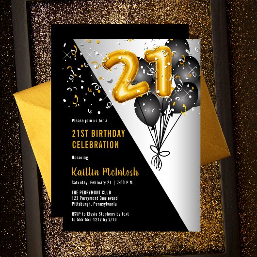 Balloons Elegant Black | Gold 21. Geburtstag Party Einladung