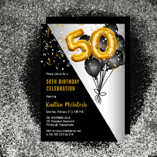 Balloons Elegant Black Gold 50. Geburtstagsparty Einladung