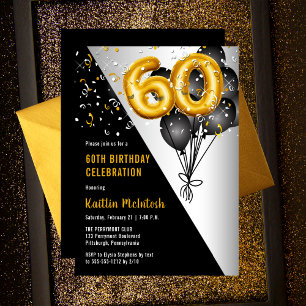 Balloons Elegant Black Gold 60. Geburtstagsparty Einladung