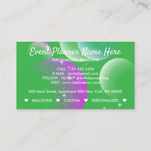 Balloons Event Party Planer Dekoration Grün Visitenkarte (Rückseite)