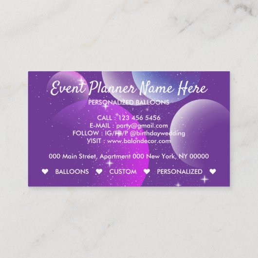 Balloons Event Party Planer Dekoration Lila Visitenkarte (Rückseite)