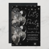 Balloons Geburtstag Schwarz-Silber-Glitzer Einladu Einladung (Vorne/Hinten)
