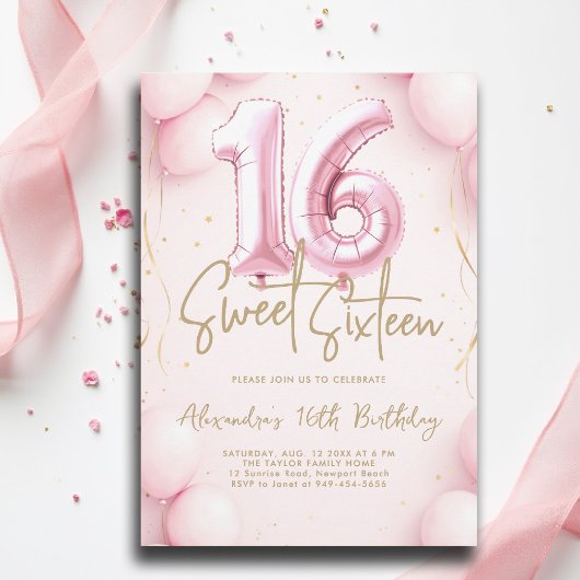 Balloons Girly Pink Kalligraphie Elegant Sweet 16 Einladung