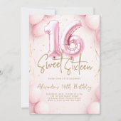 Balloons Girly Pink Kalligraphie Elegant Sweet 16 Einladung (Vorderseite)