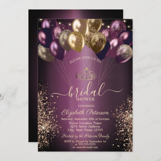 Balloons Glitzer Dunkles Lila Brautparty Einladung (Vorne/Hinten)