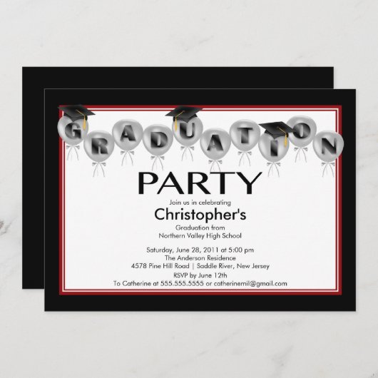 Balloons Graduierung Party Einladung Black Cap (Vorne/Hinten)