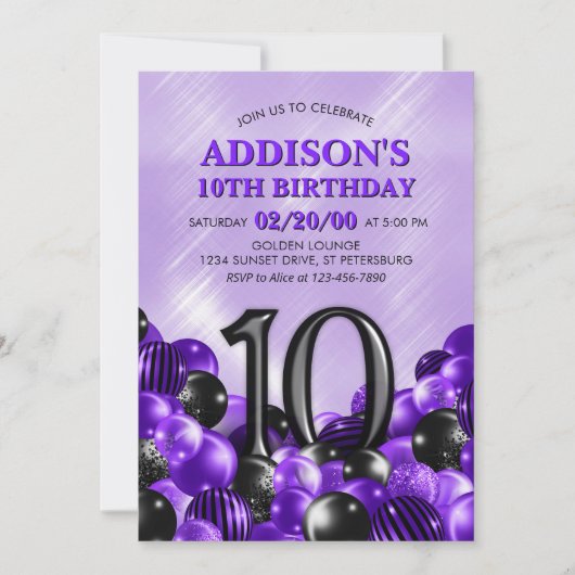 Balloons Lila 10. Geburtstag Einladung (Vorderseite)