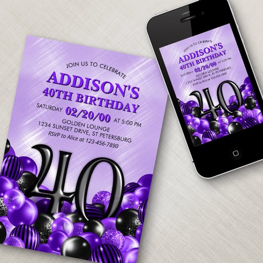 Balloons Lila 40. Geburtstag Einladung