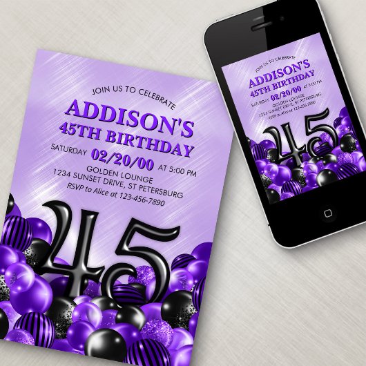 Balloons Lila 45. Geburtstag Einladung