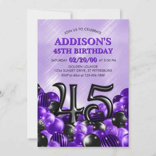 Balloons Lila 45. Geburtstag Einladung (Vorderseite)