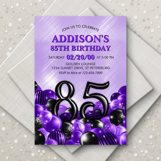 Balloons Lila 85. Geburtstag Einladung