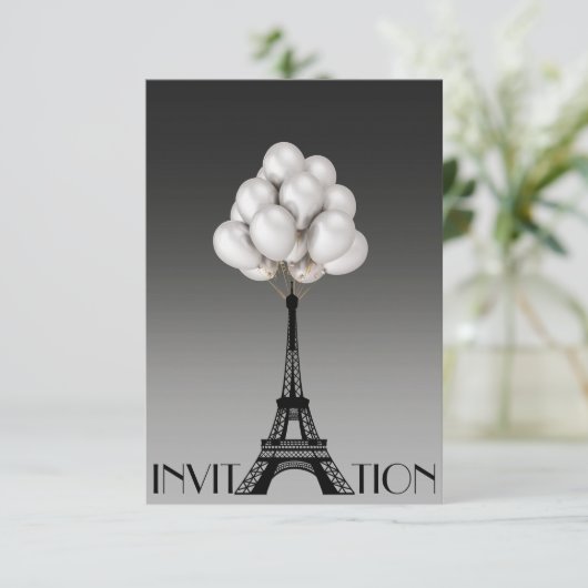 Balloons Paris Eiffel Tower Glam Chic Gray Einladung (Stehend Vorderseite)