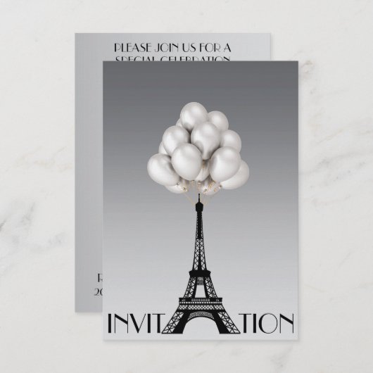 Balloons Paris Eiffel Tower Glam Chic Gray Einladung (Vorne/Hinten)