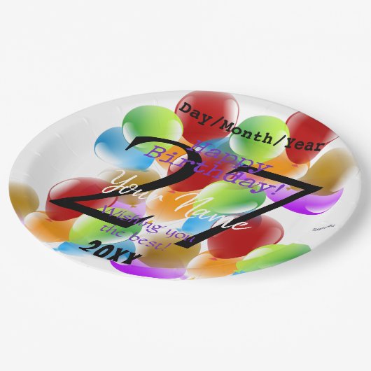 Balloons Personalisiert Happy Birthday Papierplatt Pappteller (Schrägansicht)