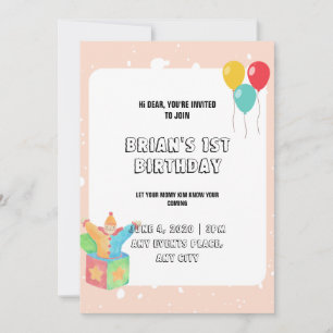 Balloons Pink Borders Baby Girl Toy 1. Geburtstag Einladung
