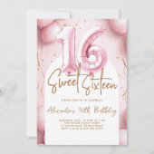 Balloons Pink Gold Arch Kalligraphie Süß 16 Einladung (Vorderseite)