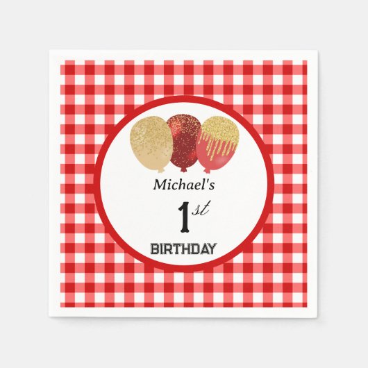 Balloons & Red Gingham 1. Geburtstag Serviette (Vorderseite)