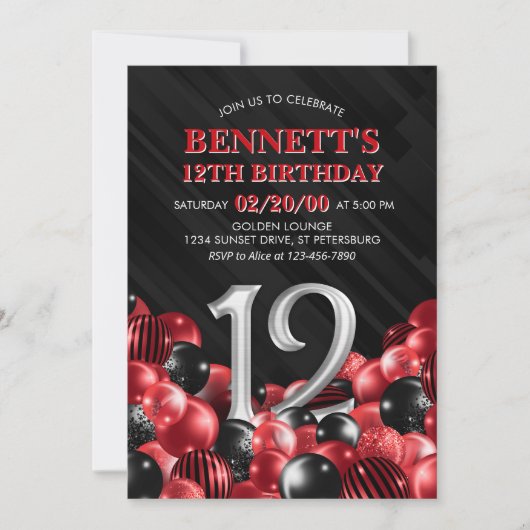 Balloons Rot 12. Geburtstag Einladung (Vorderseite)