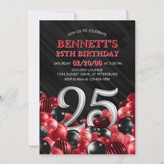 Balloons Rot 25. Geburtstag Einladung (Vorderseite)