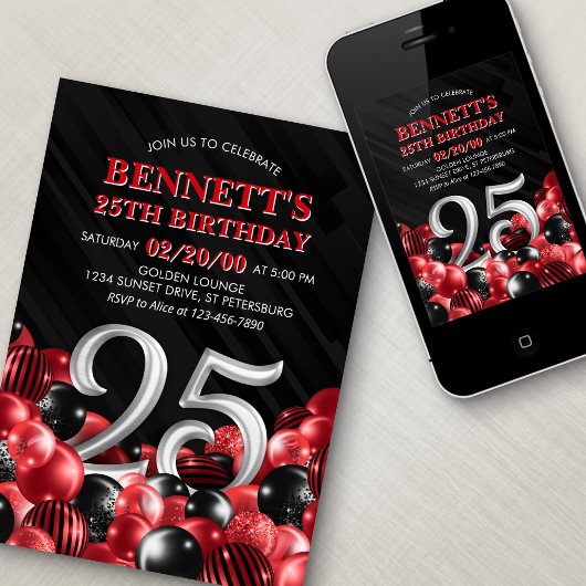 Balloons Rot 25. Geburtstag Einladung