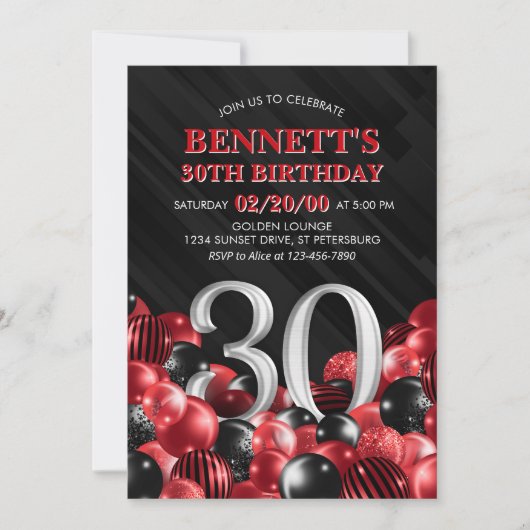 Balloons Rot 30. Geburtstag Einladung (Vorderseite)