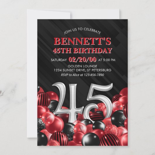 Balloons Rot 45. Geburtstag Einladung (Vorderseite)