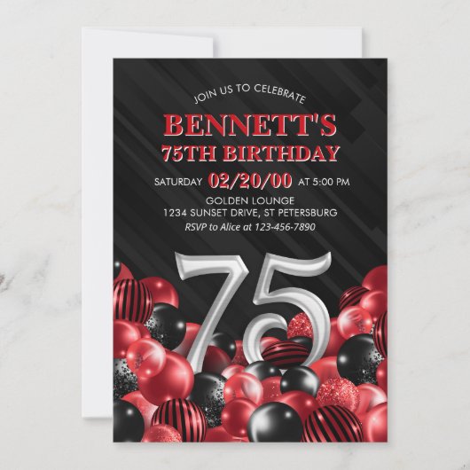 Balloons Rot 75. Geburtstag Einladung (Vorderseite)