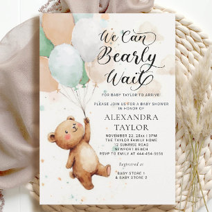 Balloons Sage Tan Bear Baby Boy Dusche Einladung