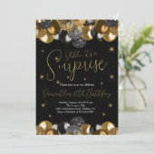 Balloons Überraschung Geburtstag Black Gold Glitze Einladung (Stehend Vorderseite)
