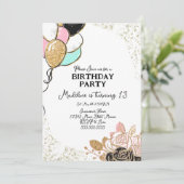 Balloons und Florals Pink Black Birthday Party Einladung (Stehend Vorderseite)