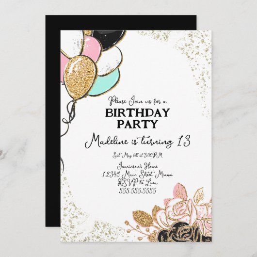 Balloons und Florals Pink Black Birthday Party Einladung (Vorne/Hinten)