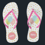 Balloons und Gold Confetti Flip Flops Badesandalen<br><div class="desc">Balloons und goldene metallische Konfetti auf weißem Hintergrund Flip Flops. Text "GLÜCKLICH" kann personalisiert sein.</div>