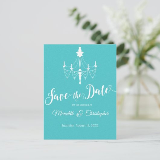 Ballroom Chandelier Aqua Blue Save the Date Ankündigungspostkarte (Stehend Vorderseite)