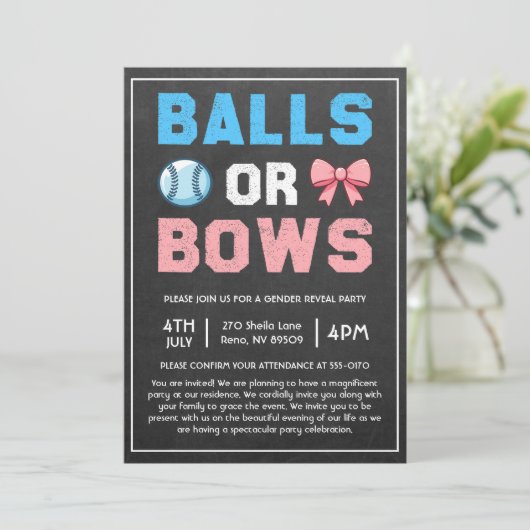 Balls oder Bows Baseball-Genderdarstellung Einladung (Stehend Vorderseite)