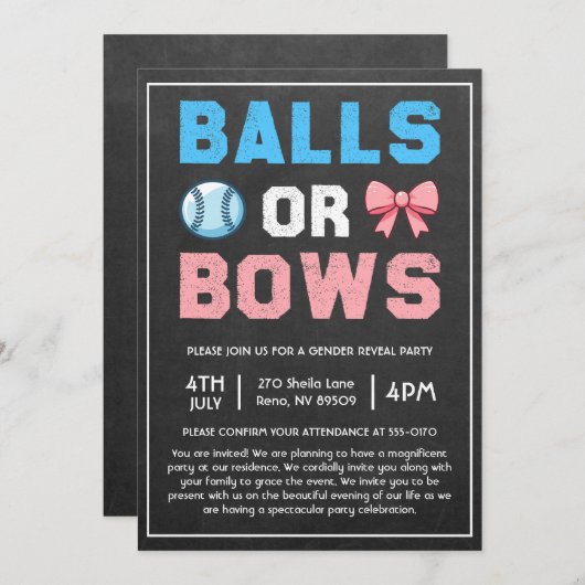 Balls oder Bows Baseball-Genderdarstellung Einladung (Vorne/Hinten)