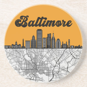 Baltimore Maryland City Skyline With Map Getränkeuntersetzer