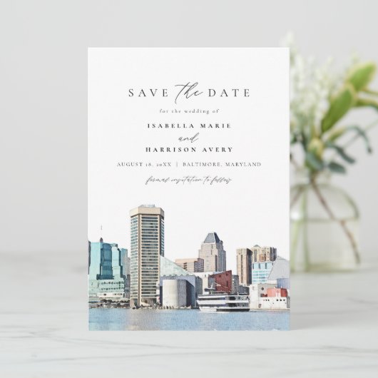 BALTIMORE Maryland Skyline Reisen Save the Date Einladung (Stehend Vorderseite)
