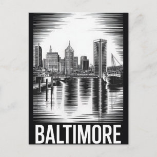 Baltimore Maryland Skyline Schwarz Weiß Holzschnit Feiertagspostkarte