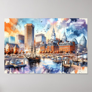 Baltimore Maryland USA Travel Places watercolor Poster